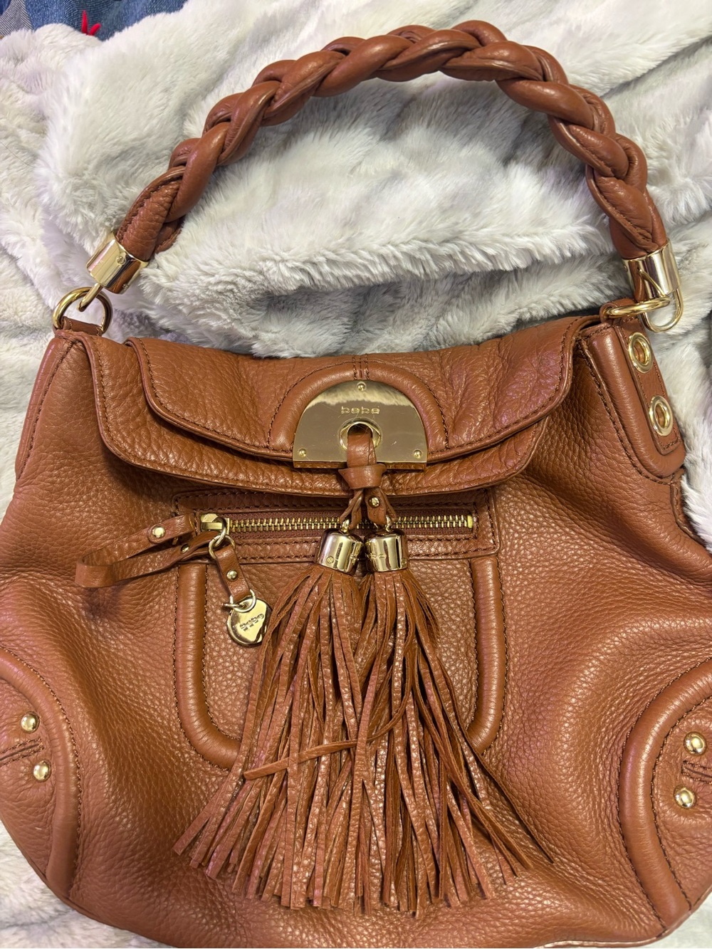 bebe Caramel Brown Tassel Shoulder Bag with Gold Hardware